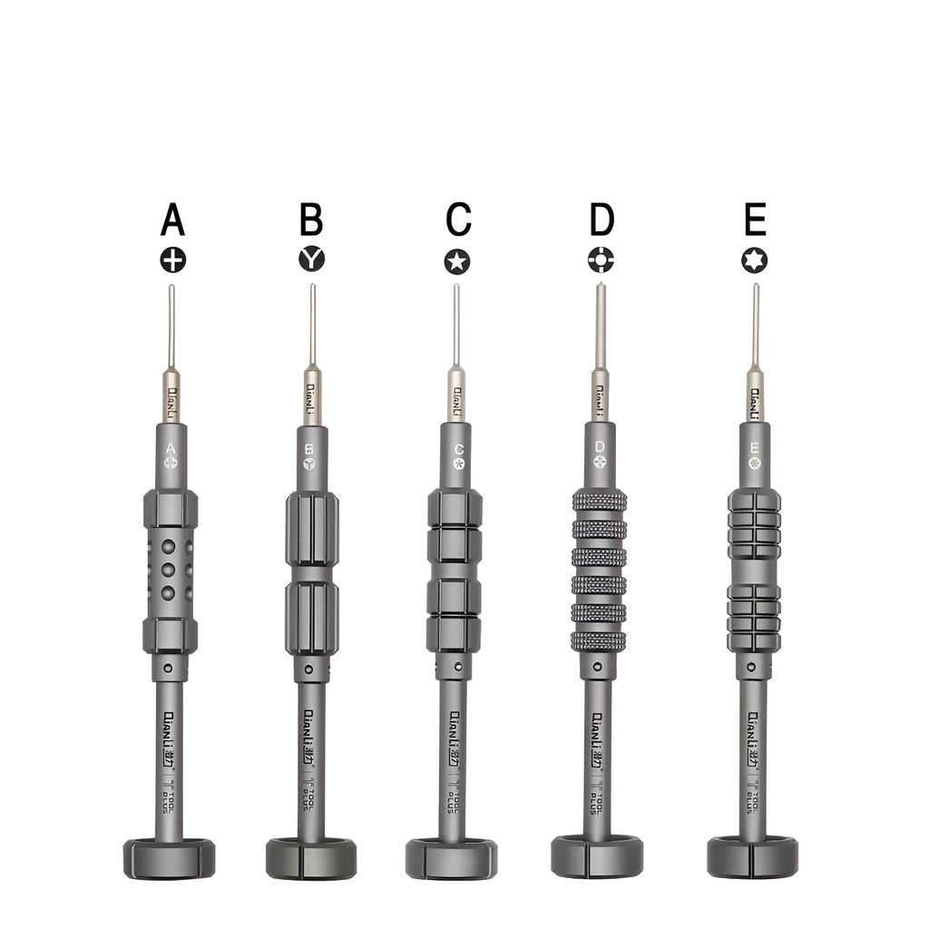 Compatible iPhone precision screwdriver with five bit types in a grenade-shaped aluminium handle.