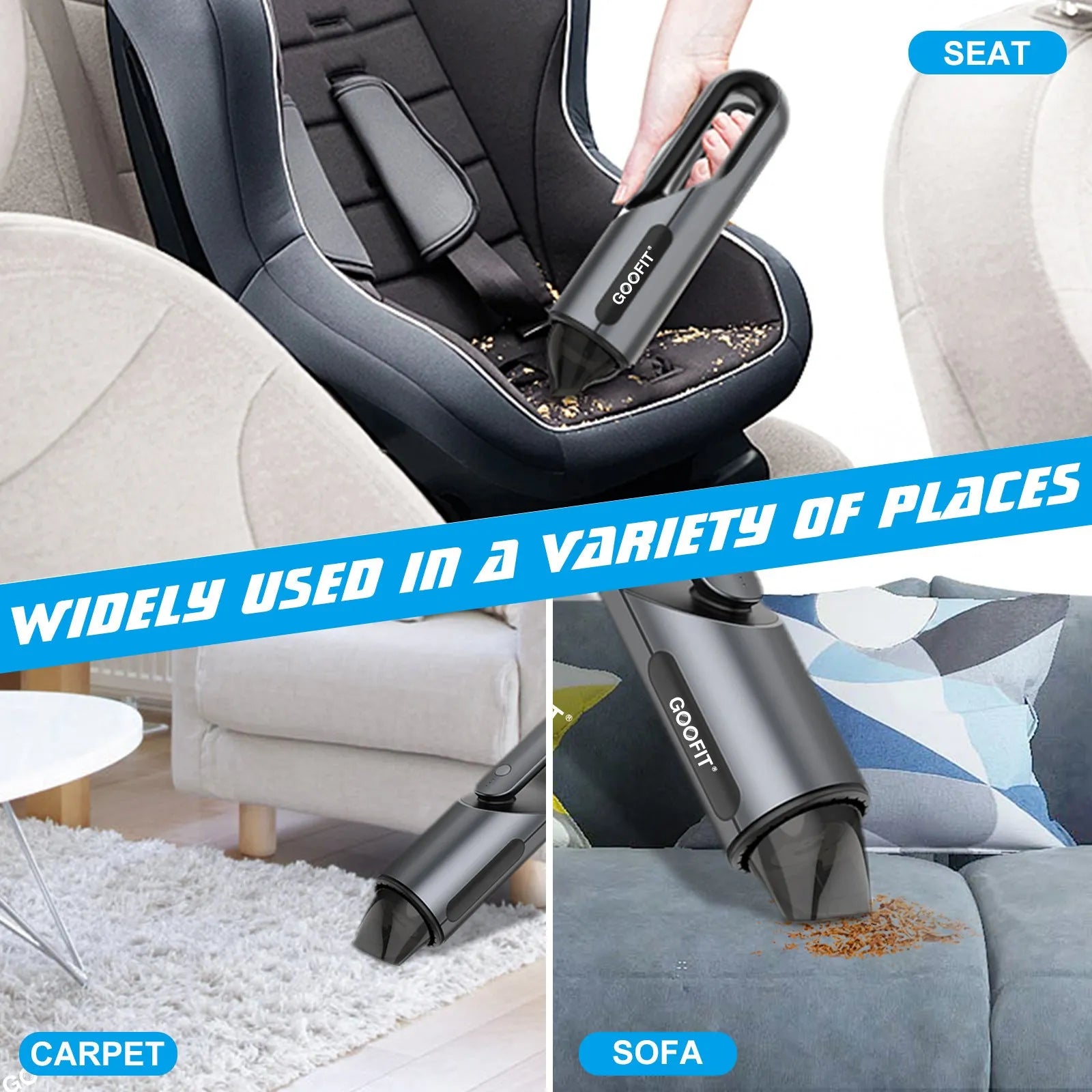 Black wireless handheld car vacuum cleaner with brush and flat attachments on vehicle seat