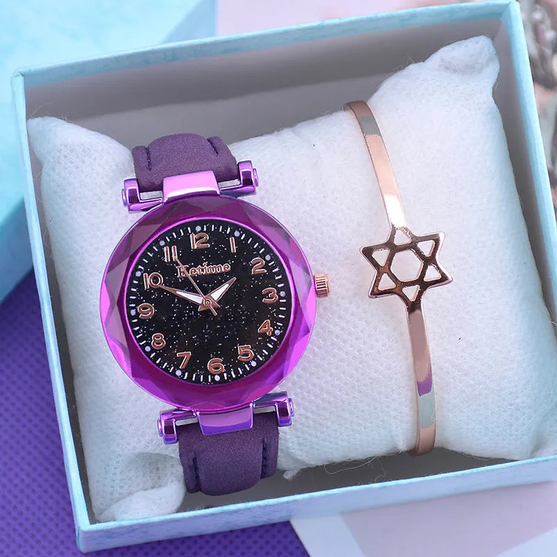 Ladies quartz watch with round plastic case, leather strap, 35mm dial, and pin buckle closure