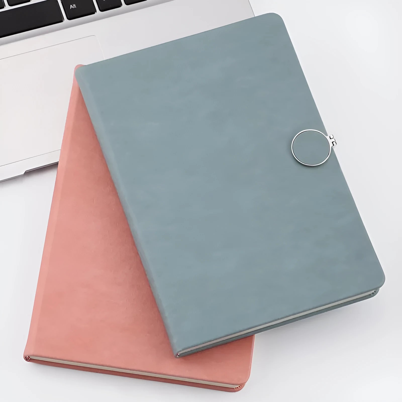 A5 leather-surface student diary with buckle closure, showing grey blue cover and 100 sheets internal paper