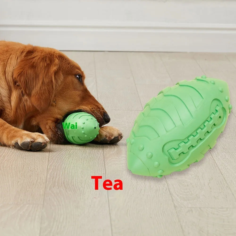 Light green bite-resistant rubber rugby dog toy with interactive vocal feature