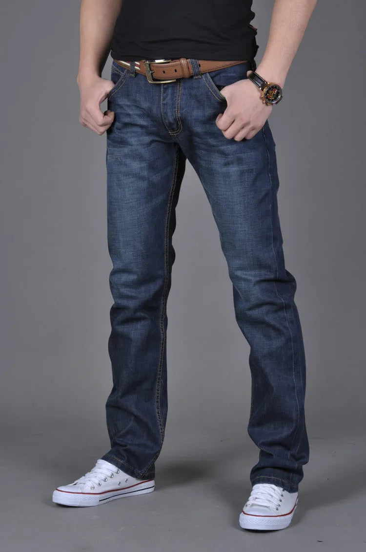 Men's blue denim straight-leg long pants, 75% cotton, full length, sizes 28-38