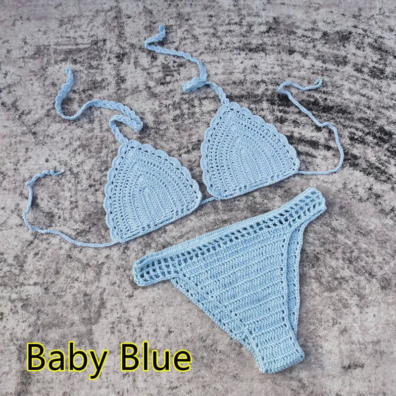 Women's handmade crochet three-piece bikini and beach skirt swimsuit set