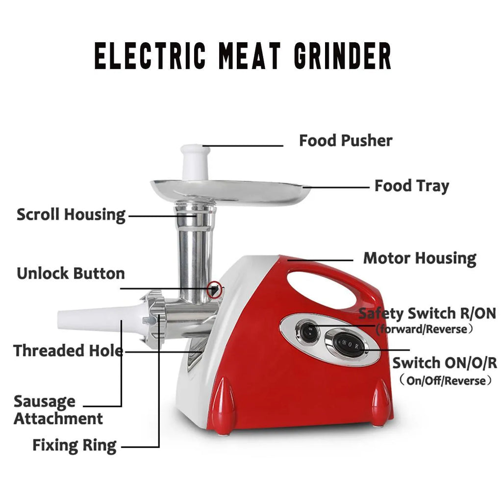 Red electric multifunctional meat grinder with 800W motor and 800g per minute speed, food-grade aluminium alloy and ABS plastic construction