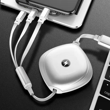 3-in-1 telescopic charging cable extended to show connectors with 120cm TPE cable and titanium alloy plugs.