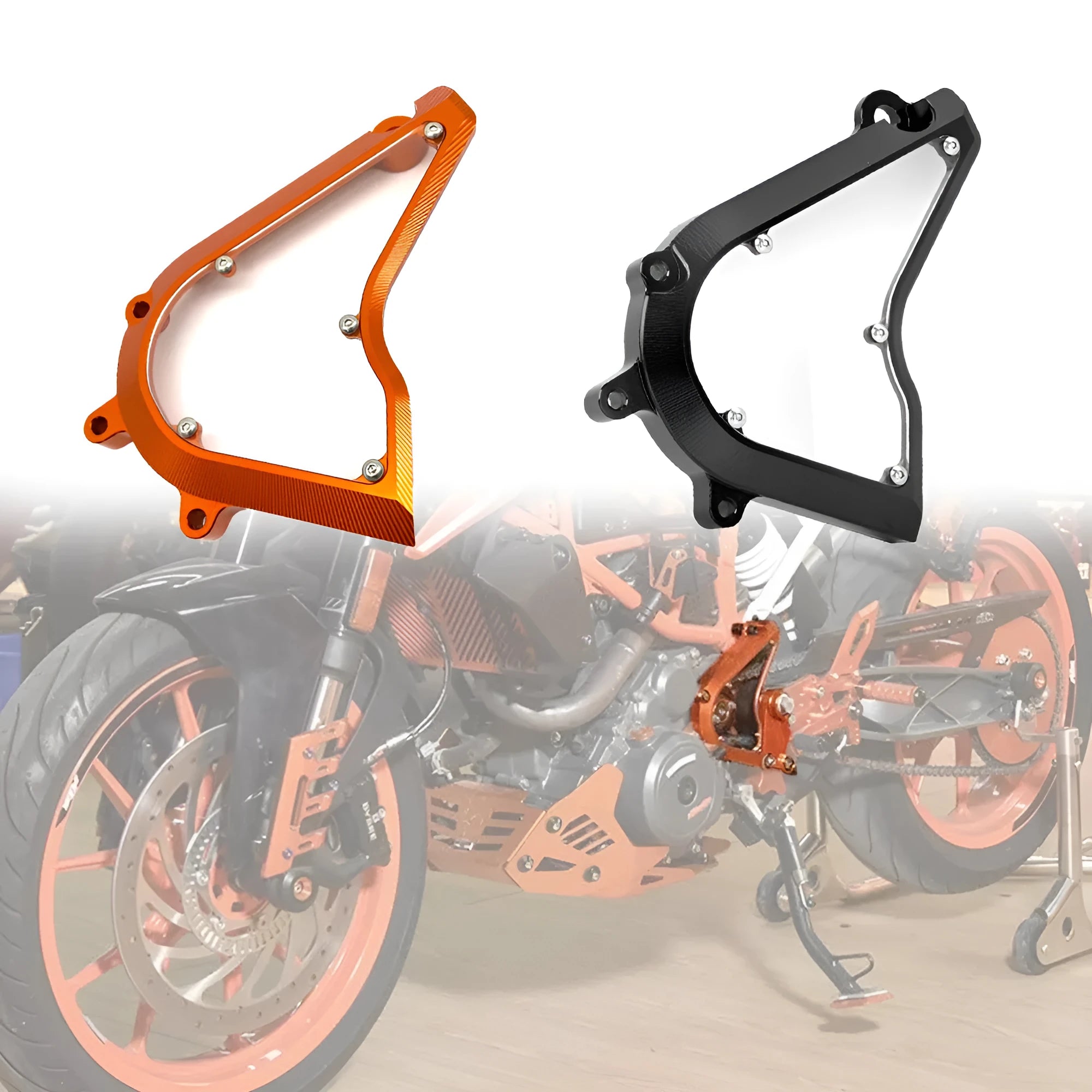 KTM Duke motorcycle black and orange front gear chain cover replacement part