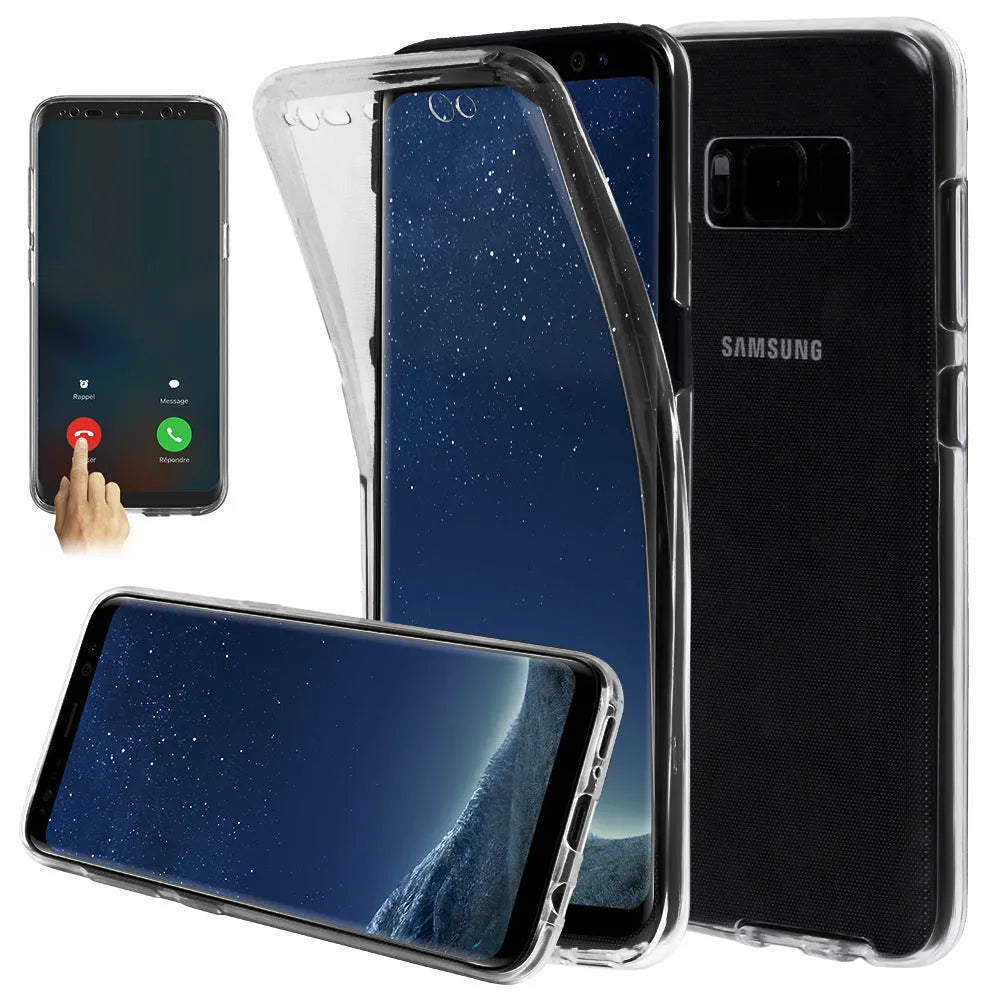 Anti-fall 360 transparent TPU phone case for Samsung in black with raised edges