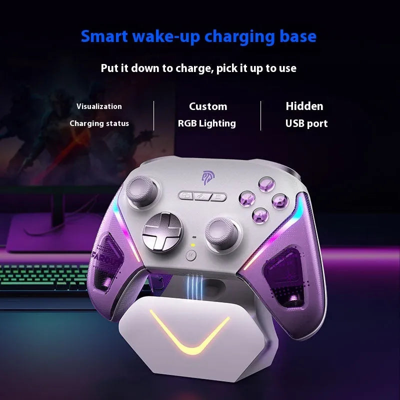 Rocker Smart game controller charging base in black, showing USB Type-C port and dual charging contacts.
