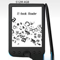 Black 6-inch E-ink e-book reader showing a page of text on its paper-like screen.