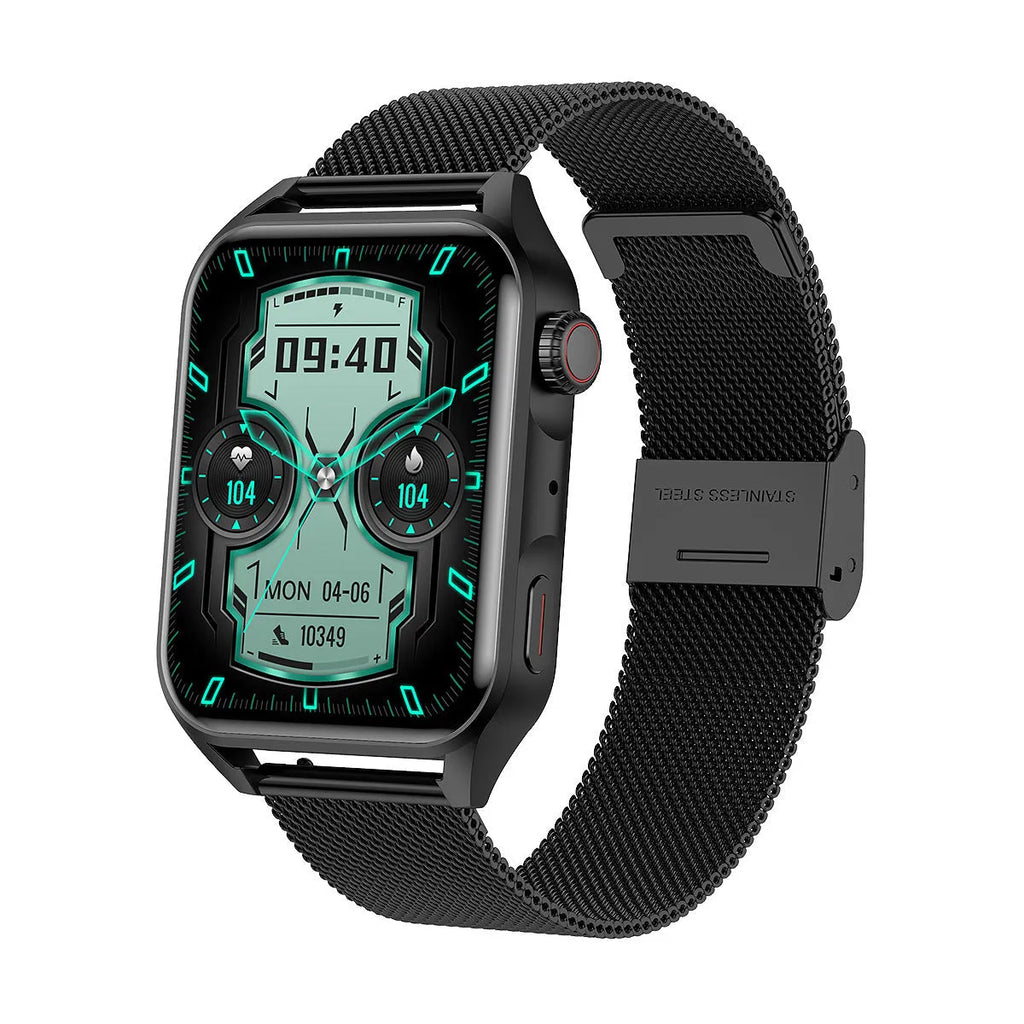 Pink smart watch with 1.8-inch AMOLED screen on a silicone strap, showing a multi-dial interface.