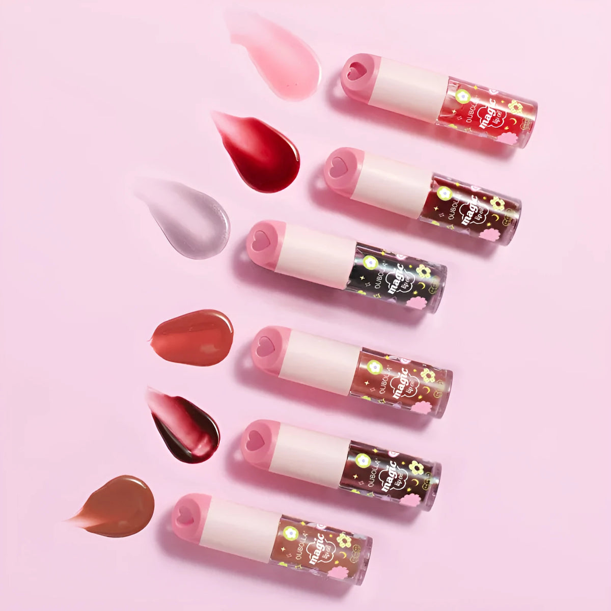 Temperature sensitive colour change lip gloss in six shades 01 to 06, moisturising lip oil in tube packaging