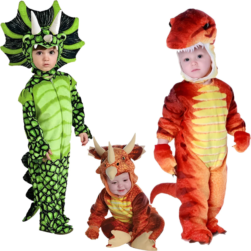 Children's Triceratops dinosaur Halloween costume jumper in polyester fabric, available in multiple colours and sizes