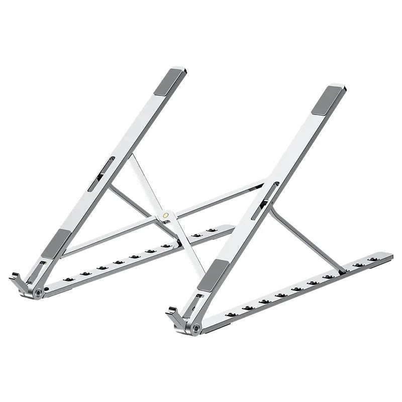 Folding aluminium alloy laptop stand in grey with silicone pads, angled to show ten gear adjustment