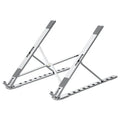 Folding aluminium alloy laptop stand in grey with silicone pads, angled to show ten gear adjustment