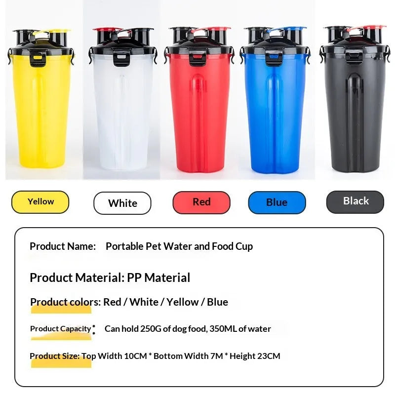Portable foldable plastic pet dog water cup and bowl set with hanging clip, in black and blue, on a white background.