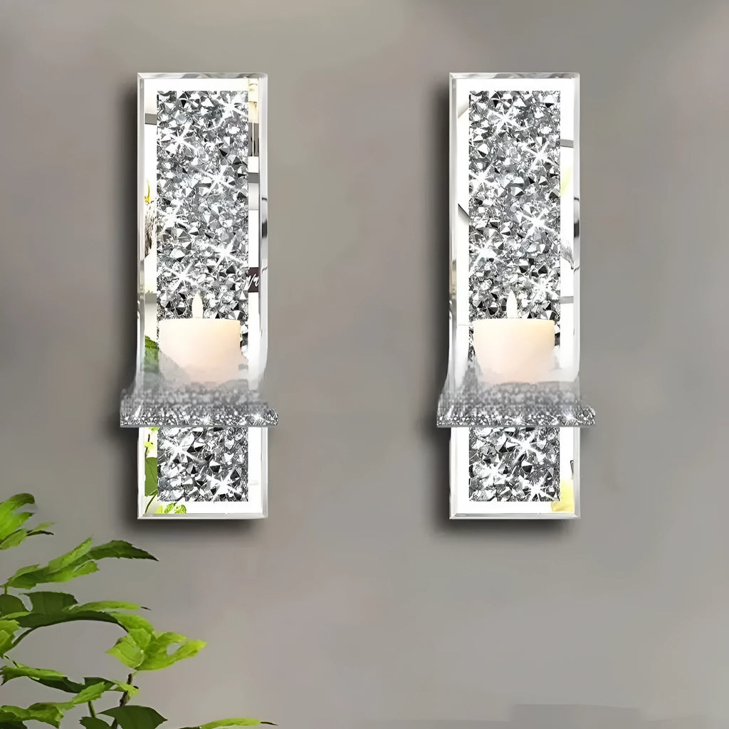 Silver mirror glass candle holder pair for wall hanging in living room, modern minimalist design