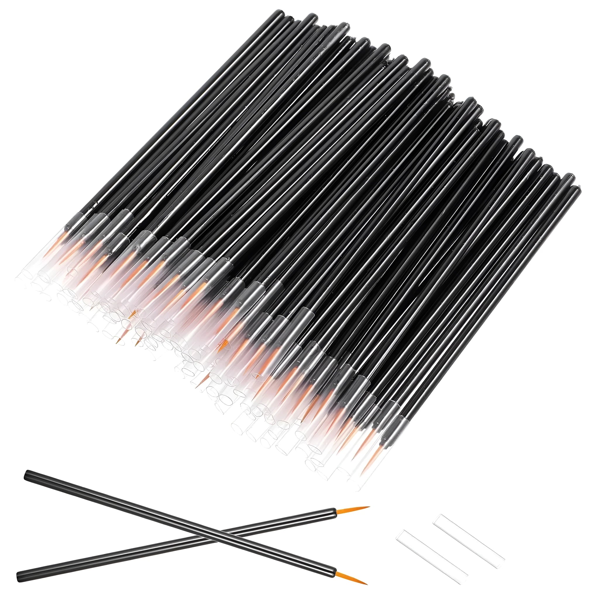 Pack of 100 black disposable eyeliner brushes with fine point tips and clear plastic protective sleeves.