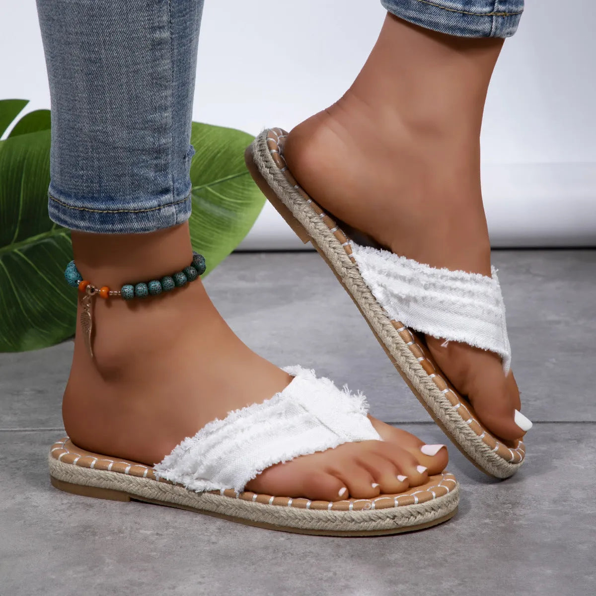 Women's canvas flip flops in blue, white, apricot, or black, flat thong sandals, sizes 36 to 43