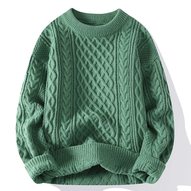 Men's twist knit sweater in Vinylon fibre, shown in one of seven colours, sizes M to 3XL.