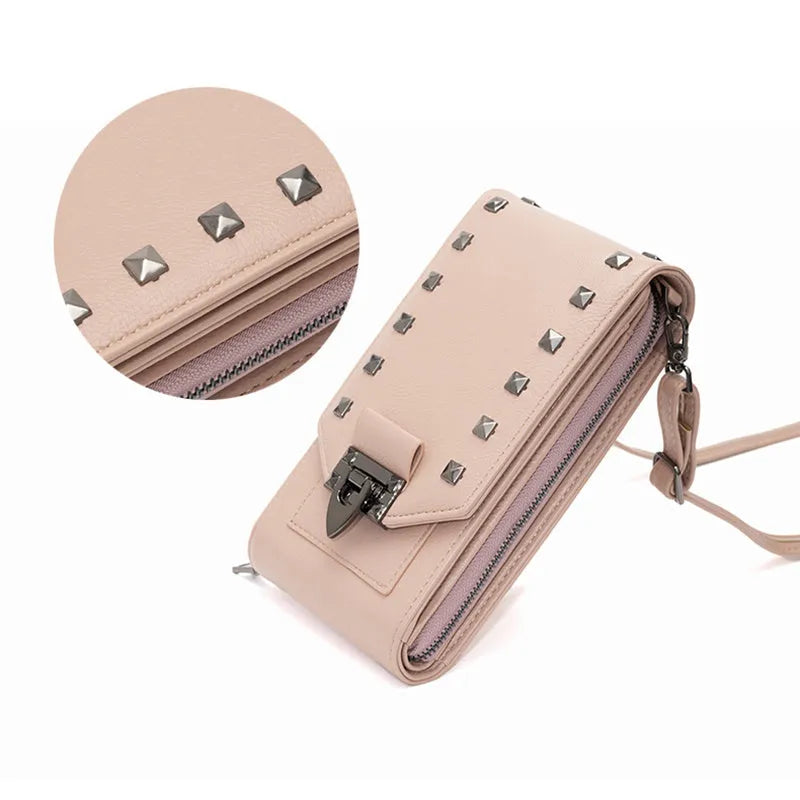Rivet design solid colour PU leather crossbody bag for women, vertical square shape with cover closure and card slot
