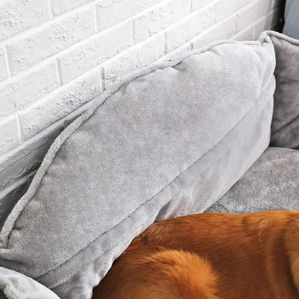 Grey dog sofa bed with raised edges and polyester cover, shown in XL size