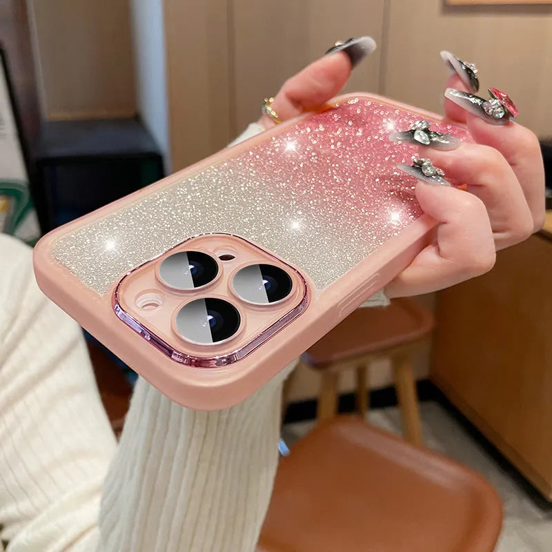 Ultra-thin transparent glitter iPhone case with gradient colour options and TPU construction