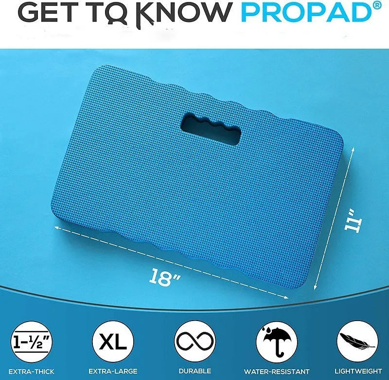 Blue plastic garden kneeler pad on grass, measuring 45 cm long, for knee protection during gardening.