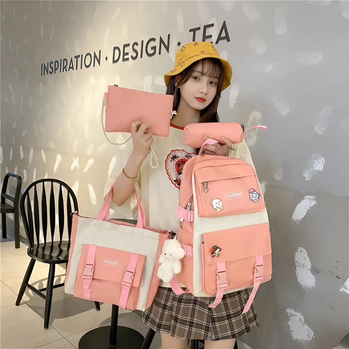 Korean style Oxford cloth student four-piece set backpack in pink with sewing thread details