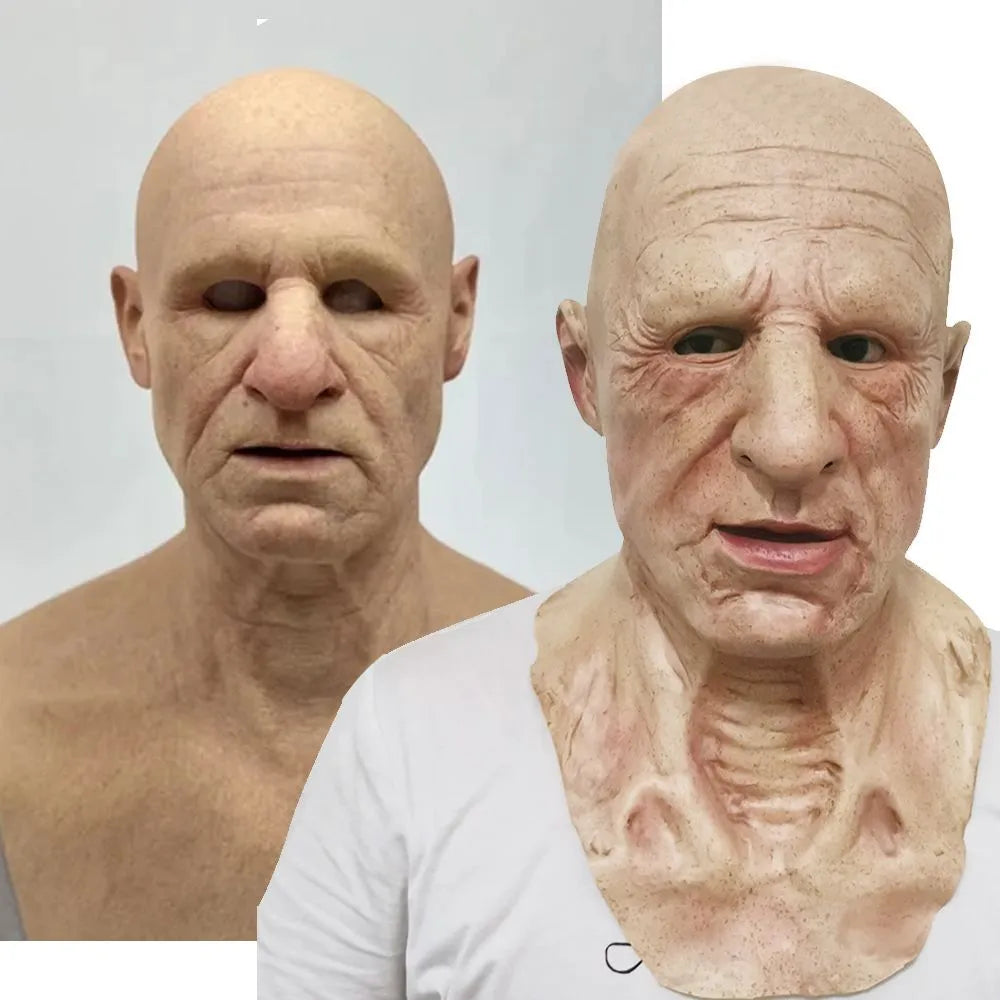 Latex old man mask with white hair and white beard for Halloween fancy dress