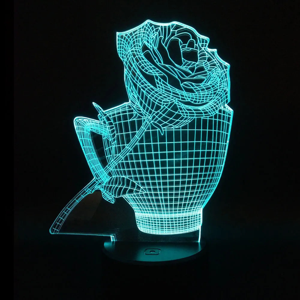 3D rose flower design night light showing colour change on acrylic panel with ABS base.