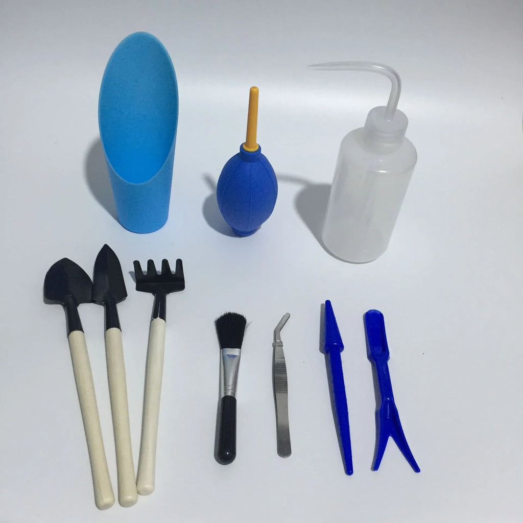 11-piece succulent gardening tool set showing watering can, mini tools, tweezers and transplant implements