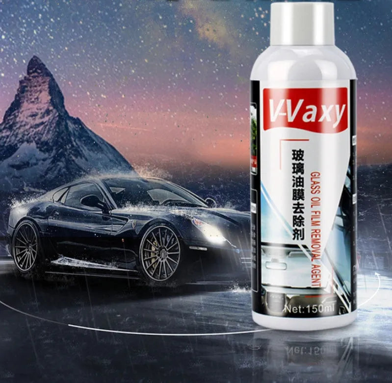 Car glass oil film remover paste in tub with applicator cloth, for removing bird droppings and tree sap from windshield