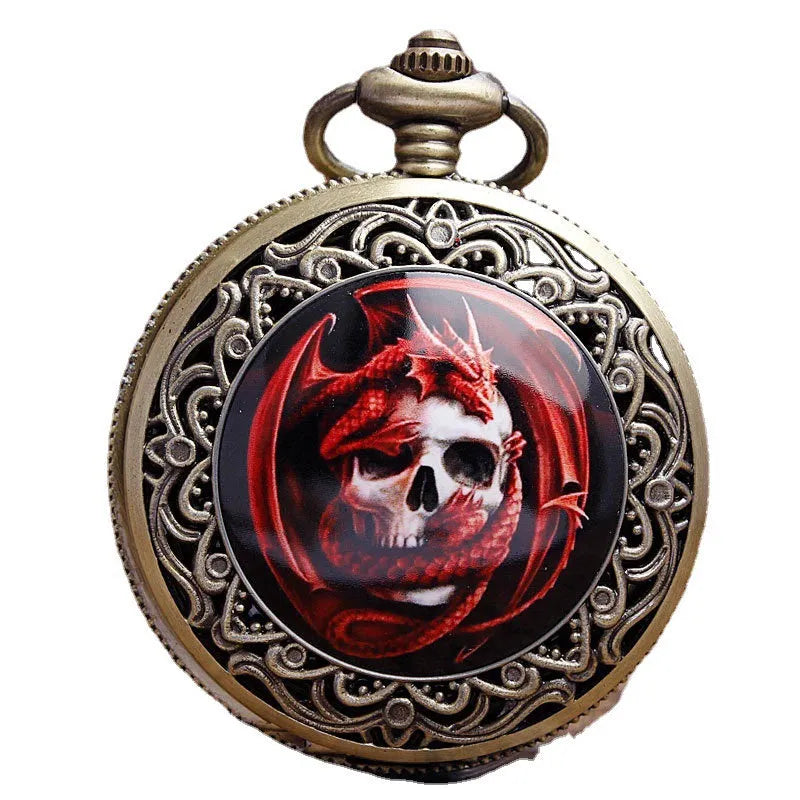 Classical retro plus-sized ceramic skull pocket watch with antique bronze alloy case and 37.5cm chain