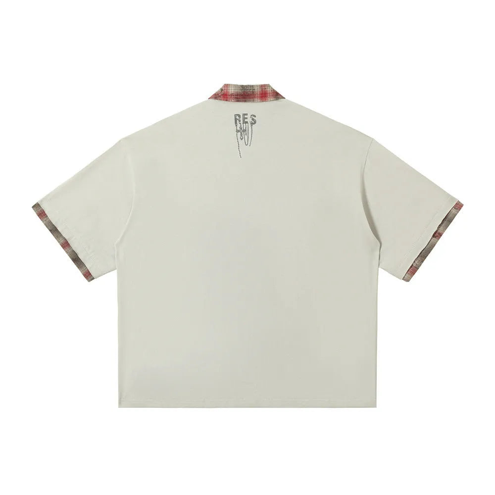 Men's loose fit cotton top with graffiti printing on lapel in asymmetric street style