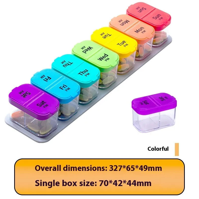 Extra large portable pill dispenser with 14 removable compartments in rainbow colour