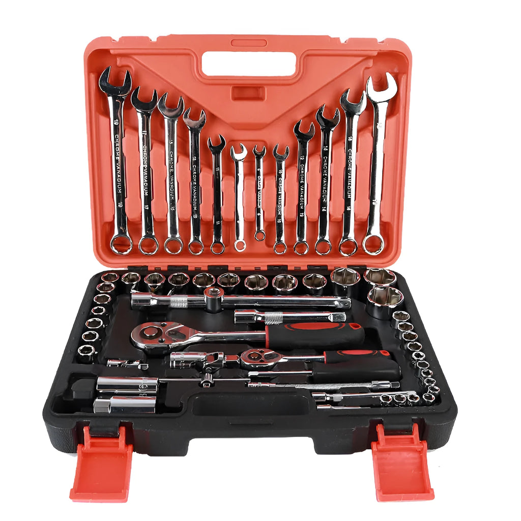 61-piece chrome vanadium steel auto repair tool set with sockets, wrenches, and extension rods in storage case