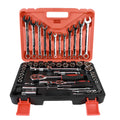 61-piece chrome vanadium steel auto repair tool set with sockets, wrenches, and extension rods in storage case