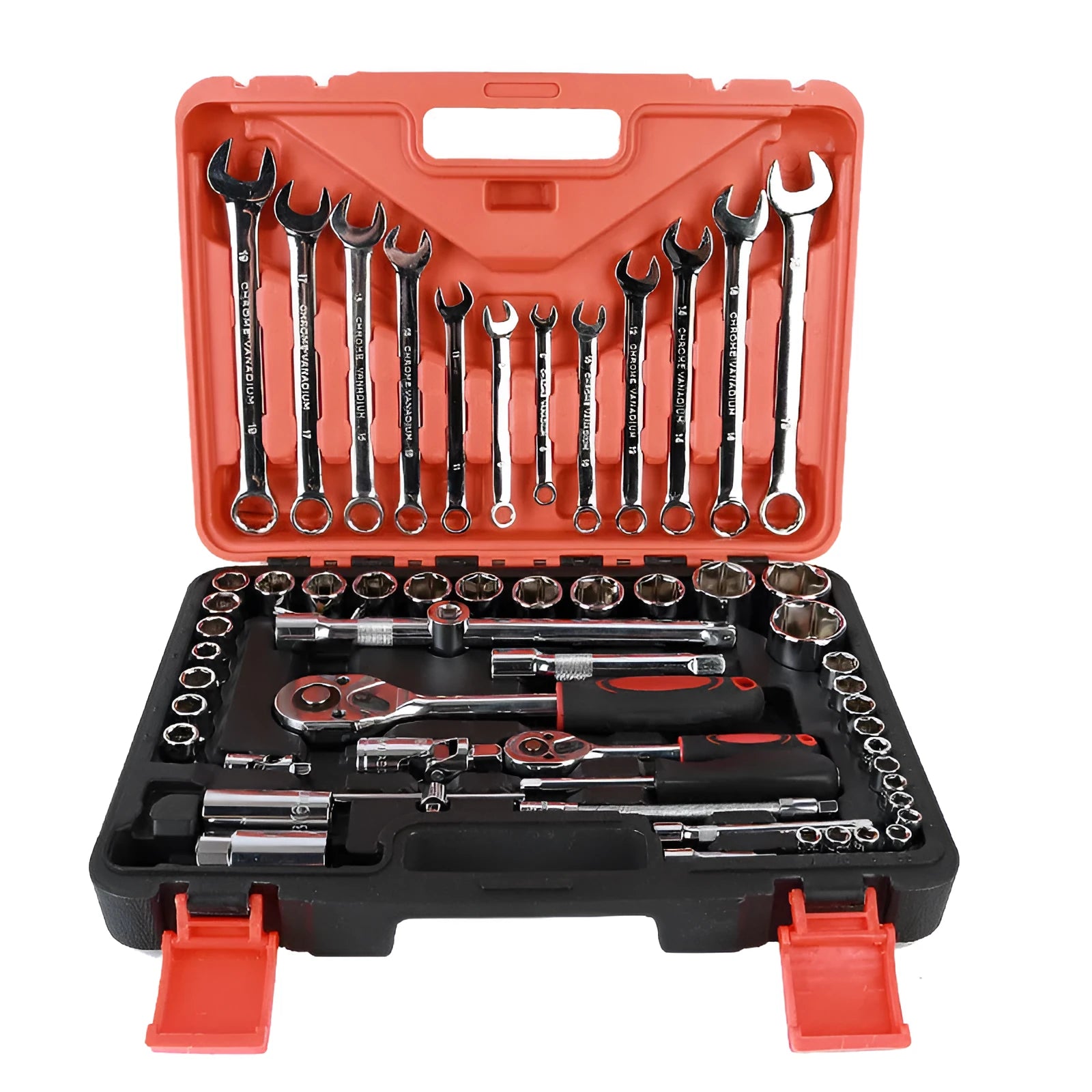 61-piece chrome vanadium steel auto repair tool set with sockets, wrenches, and extension rods in storage case