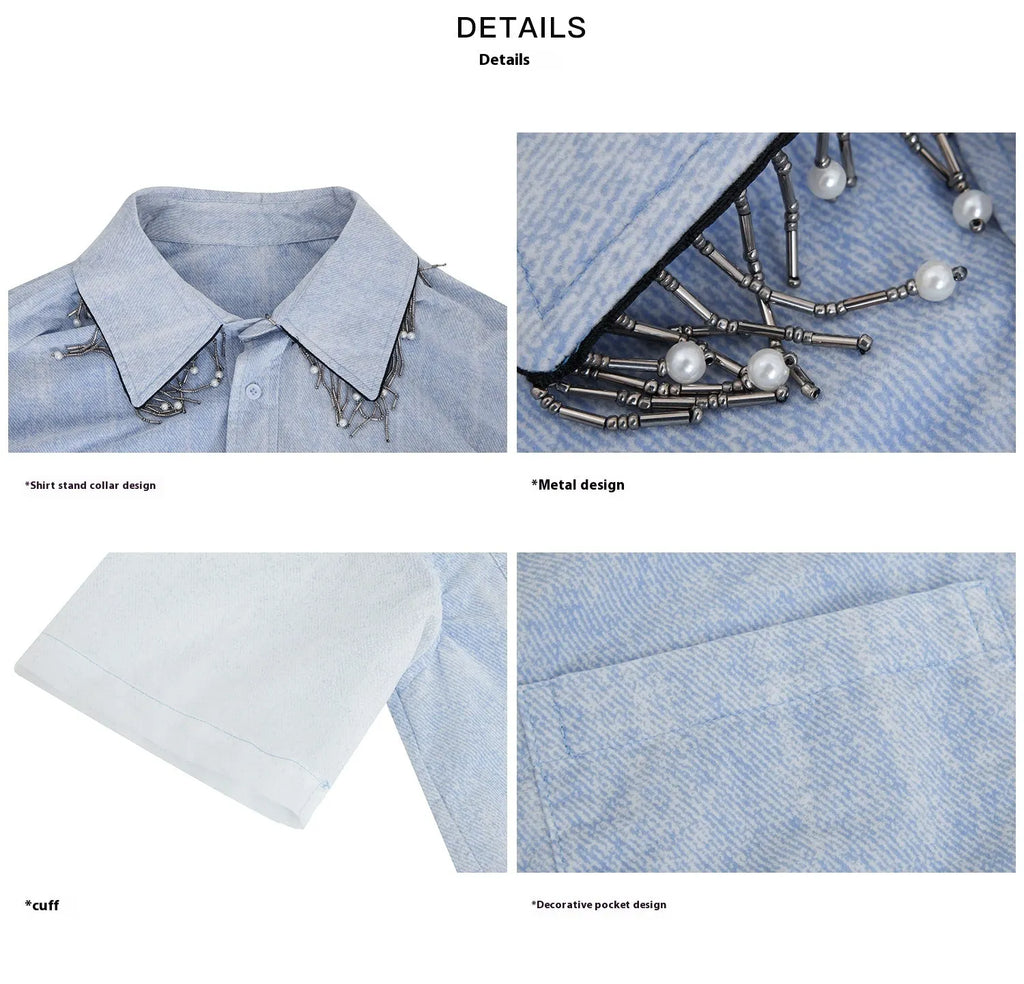 Men's loose blue and white gradient short sleeve shirt with quilted pattern
