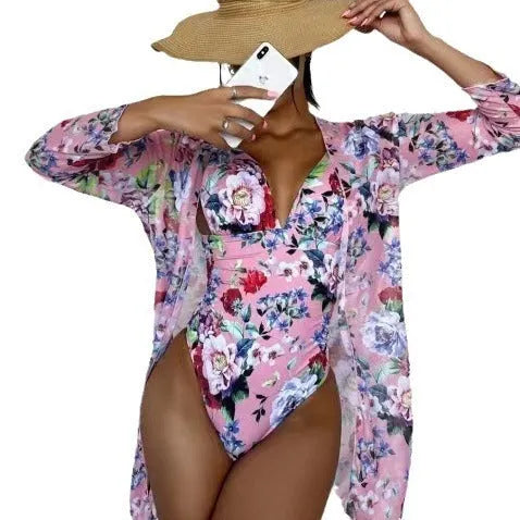 Women's floral bikini three-piece suit with matching coat in polyester fabric