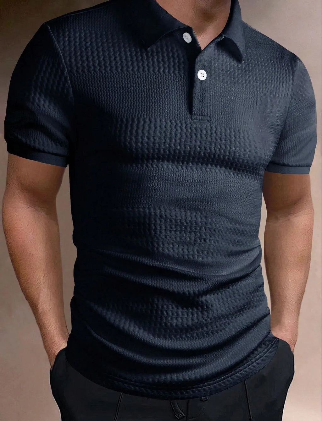 Men's striped polo shirt in light blue, loose fit, short sleeve, polyester blend fabric, summer casual top