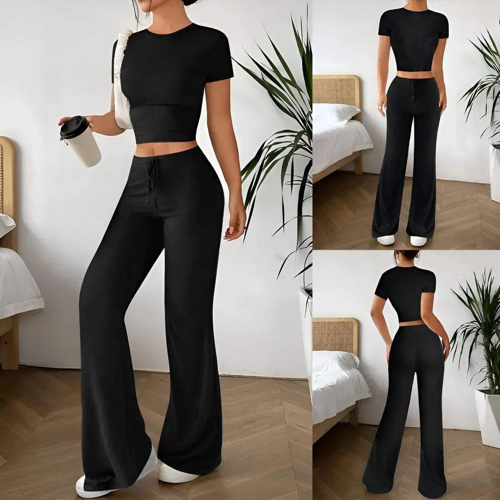 Women's black high waist trousers and short sleeve T-shirt two piece suit on hanger