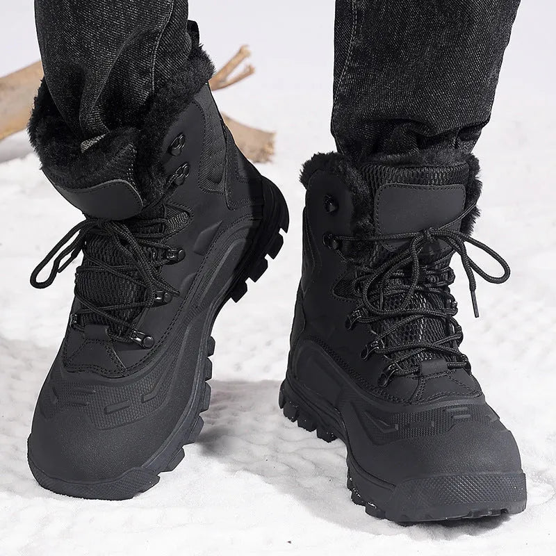 Men's black high-top lace-up boots with fleece lining and flat heel on ribbed sole
