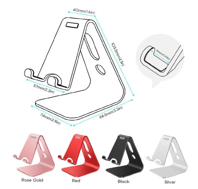 Aluminium alloy universal phone and tablet holder in black, red, rose gold, or silver.