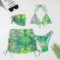 Women's split four-piece skirt tie-dyed bikini swimsuit in floral print, orange white colour, sleeveless two-piece set