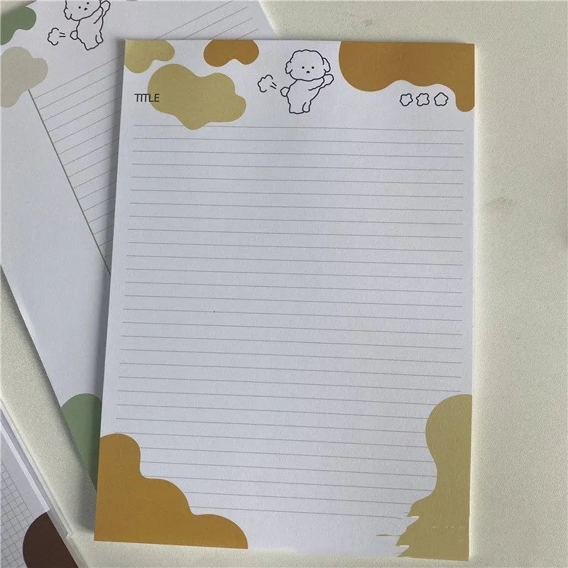 B5 sticky note pad with Korean PP puppy illustration on purple cover, showing 30 sheets of double-tape paper