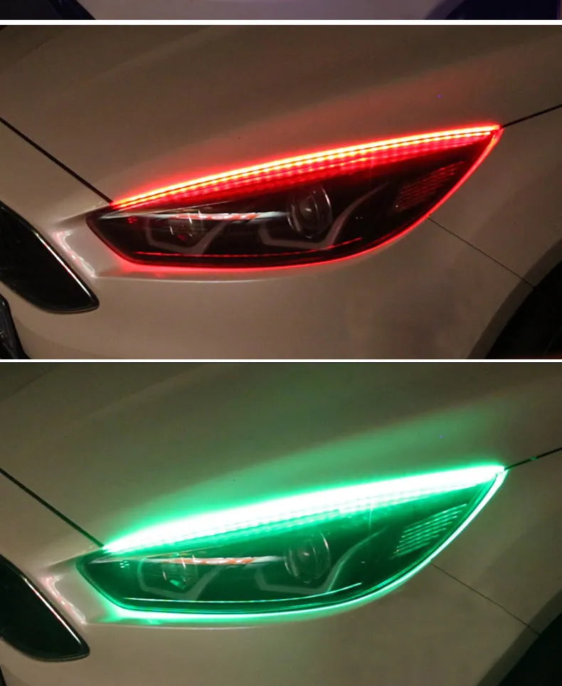 Universal LED daytime running lights with RGB colourful streamer turn signals and remote control for vehicles