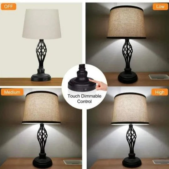 European style alloy bedside table lamp with touch dimmer and USB charging port.