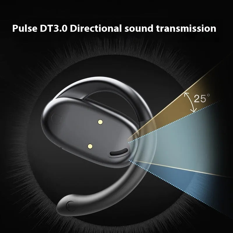 Wireless Bluetooth headset with digital display screen, ear-hook design, black orange colour, noise reduction sports earphones