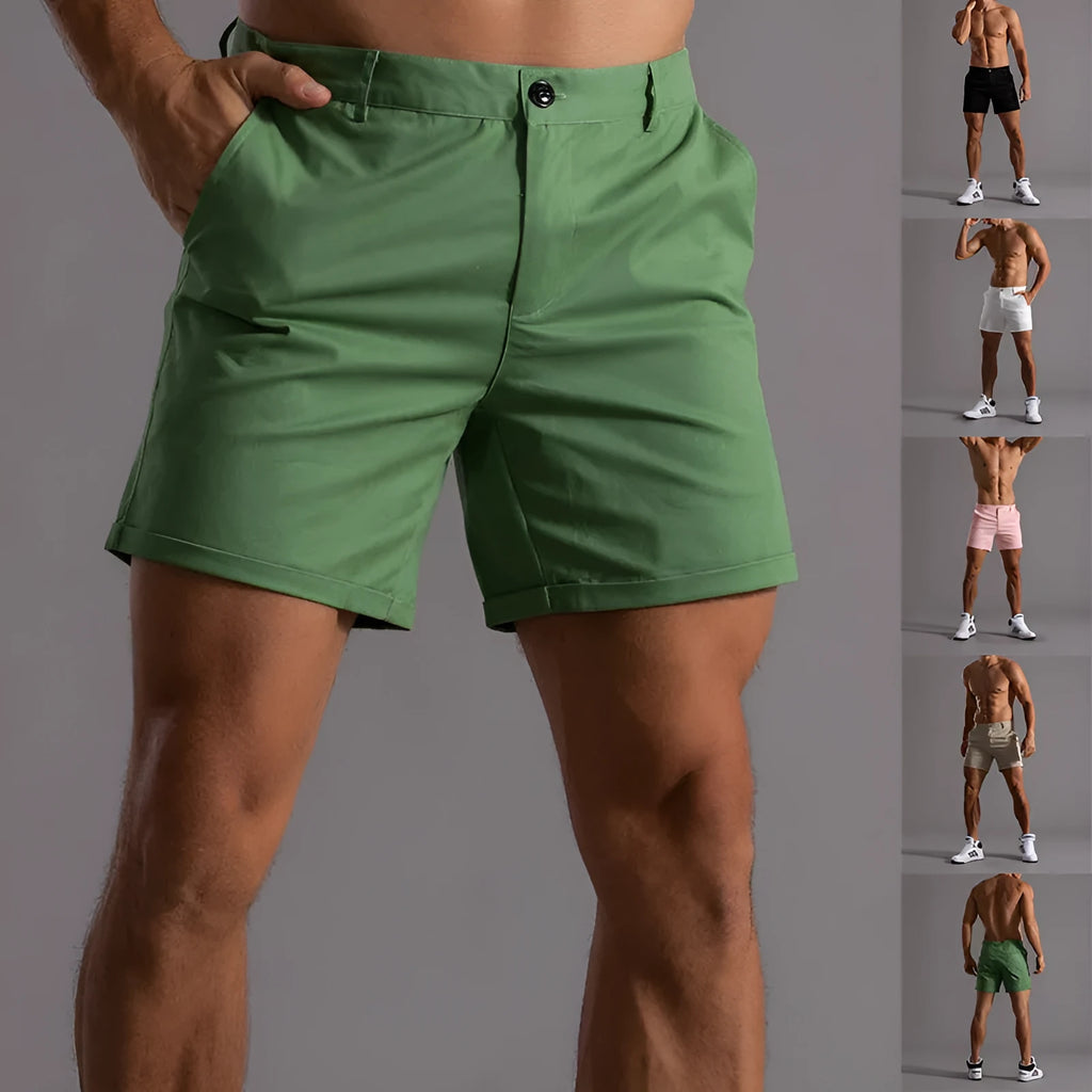 Men's cotton summer button beach shorts with pockets, straight leg, in army green colour option